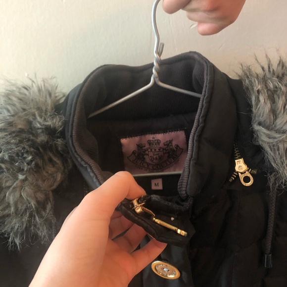 Juicy Couture Coat  Black Puffer Jacket Hooded Fur - Picture 4 of 10